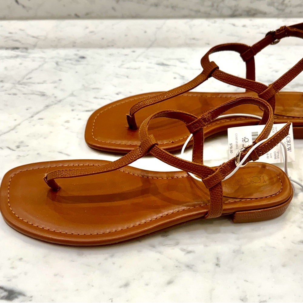 New - J. Crew Factory Tan Faux Leather T-Strap Sandals Size:8